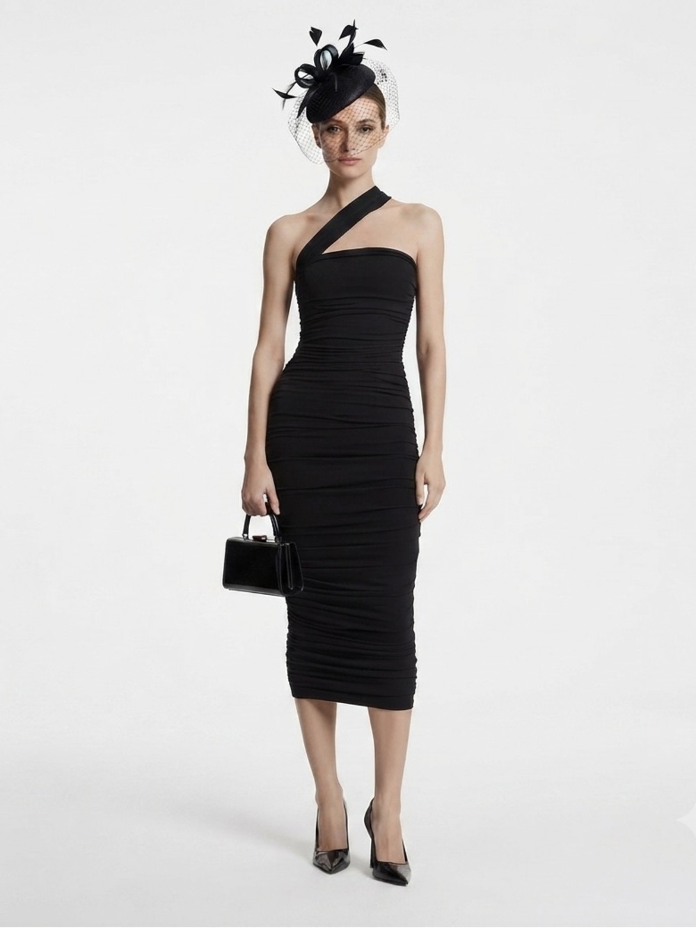 Asymmetrical One-Shoulder Black Dress with High Slit